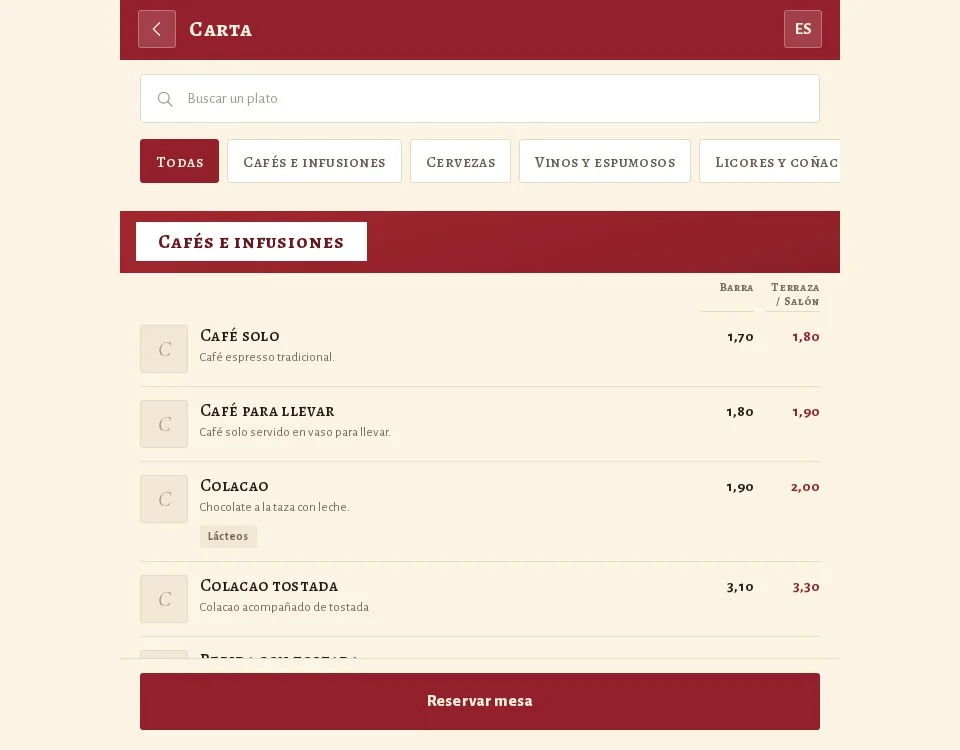 Carta digital real del bar, con sus categorías y platos.