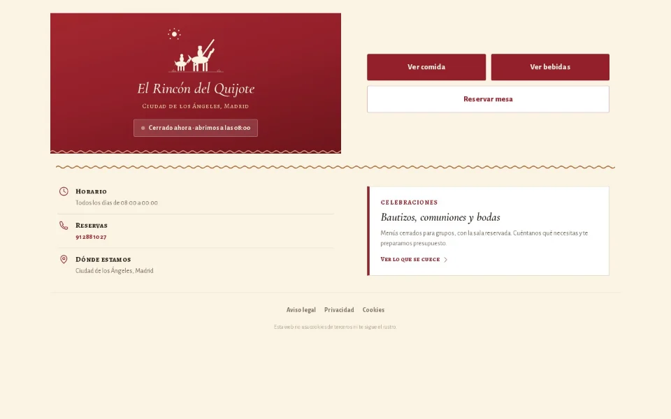 Web real de El Rincón del Quijote: acceso a comida, bebidas y reservas desde su portada.